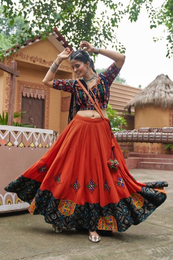 Radiant Orange Embroidered Mirror Work Chaniya Choli for Navratri | Shop Now - Image 3