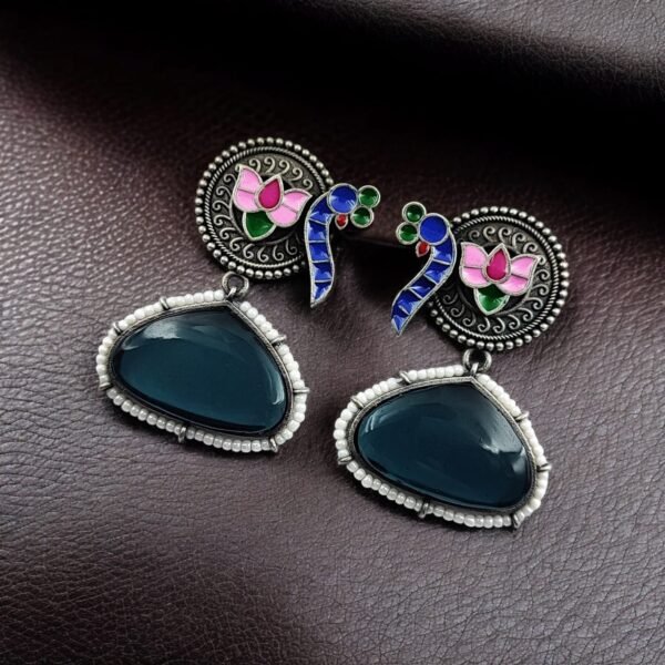 Hand Painted Peacock Earrings | Monalisa Stone Stud with Lotus Detail – My Fashion - Image 2