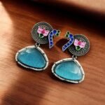 Hand Painted Peacock Earrings | Monalisa Stone Stud with Lotus Detail – My Fashion - Image 3