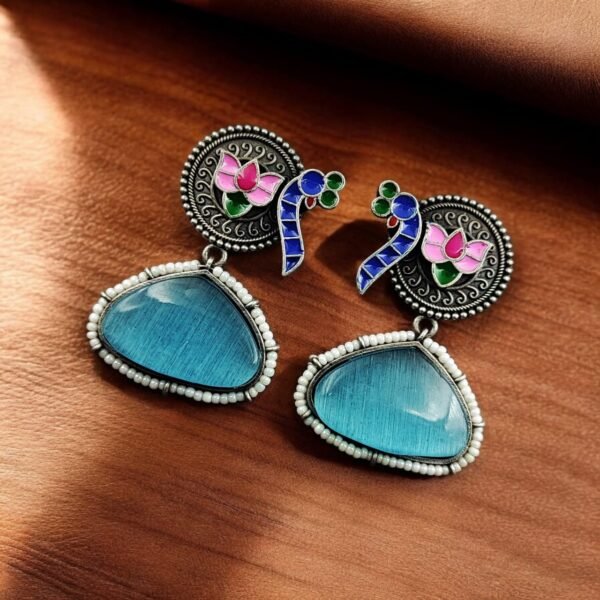 Hand Painted Peacock Earrings | Monalisa Stone Stud with Lotus Detail – My Fashion - Image 3