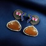Hand Painted Peacock Earrings | Monalisa Stone Stud with Lotus Detail – My Fashion - Image 5