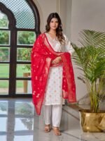 Women’s Embroidered Jaquard Kurti Set With Pant & Dupatta| Festive Ethnic Wear | My Fashion - Image 3